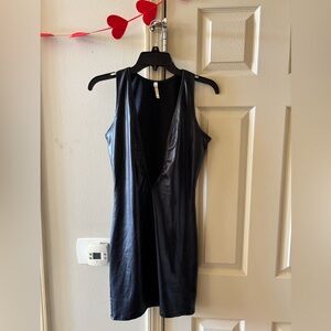 Black Faux Leather V-Neck Dress